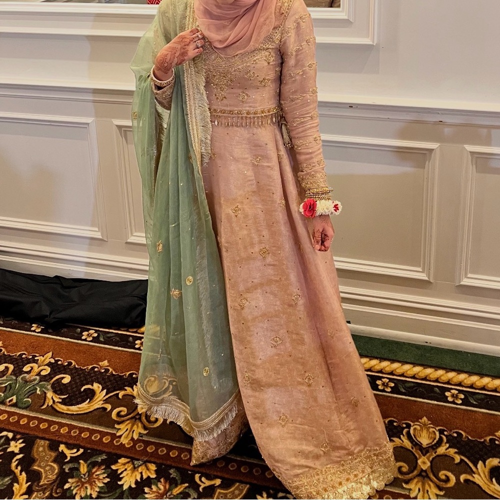 Long Sleeve Embroidered Maxi Dress in Blush Pink with Sage Dupatta